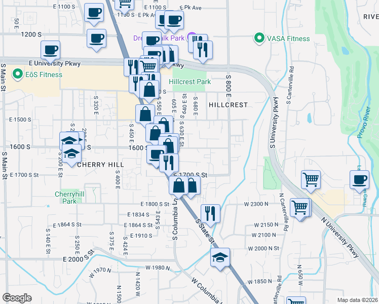 map of restaurants, bars, coffee shops, grocery stores, and more near 666 1600 south in Orem