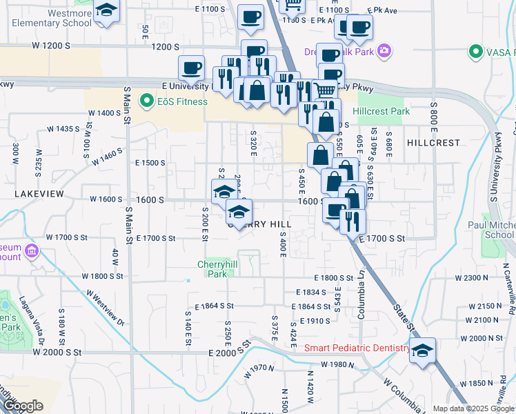 map of restaurants, bars, coffee shops, grocery stores, and more near 338 1600 south in Orem