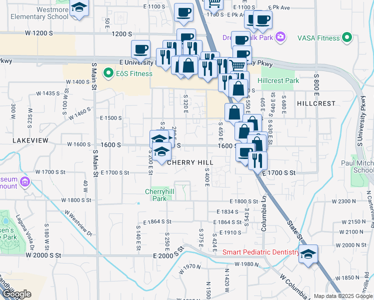 map of restaurants, bars, coffee shops, grocery stores, and more near 338 1600 south in Orem