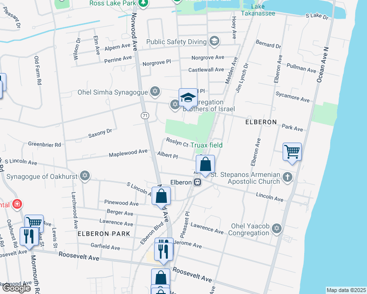 map of restaurants, bars, coffee shops, grocery stores, and more near 47 Roslyn Court in Long Branch