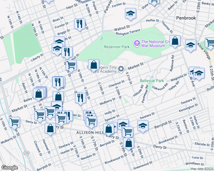 map of restaurants, bars, coffee shops, grocery stores, and more near in Harrisburg
