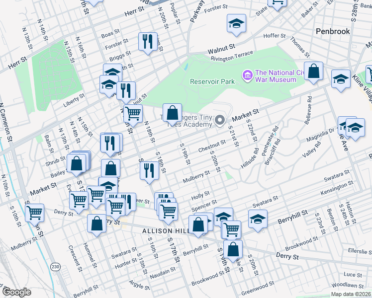 map of restaurants, bars, coffee shops, grocery stores, and more near in Harrisburg