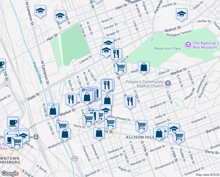 map of restaurants, bars, coffee shops, grocery stores, and more near 34 North 15th Street in Harrisburg