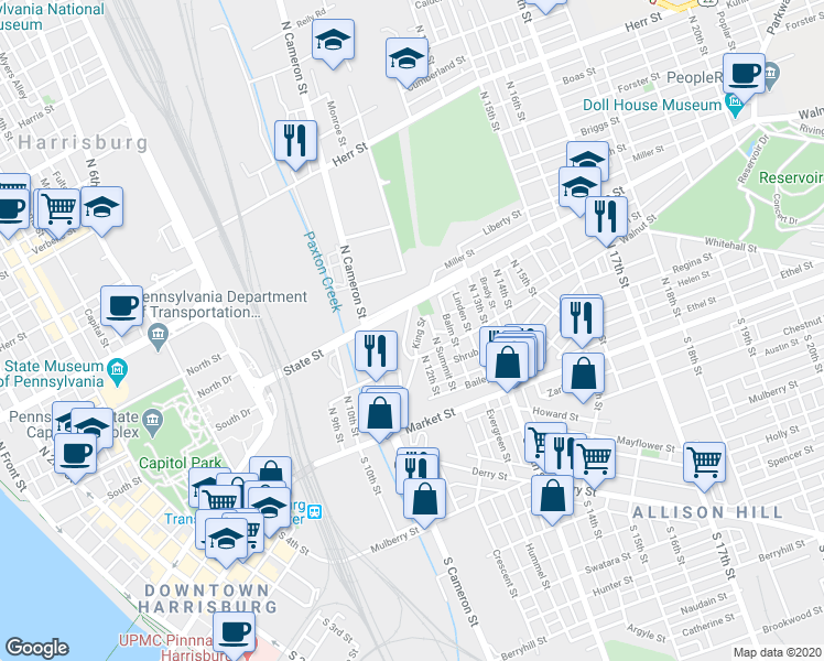 map of restaurants, bars, coffee shops, grocery stores, and more near 141 Royal Terrace in Harrisburg