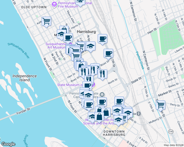 map of restaurants, bars, coffee shops, grocery stores, and more near in Harrisburg