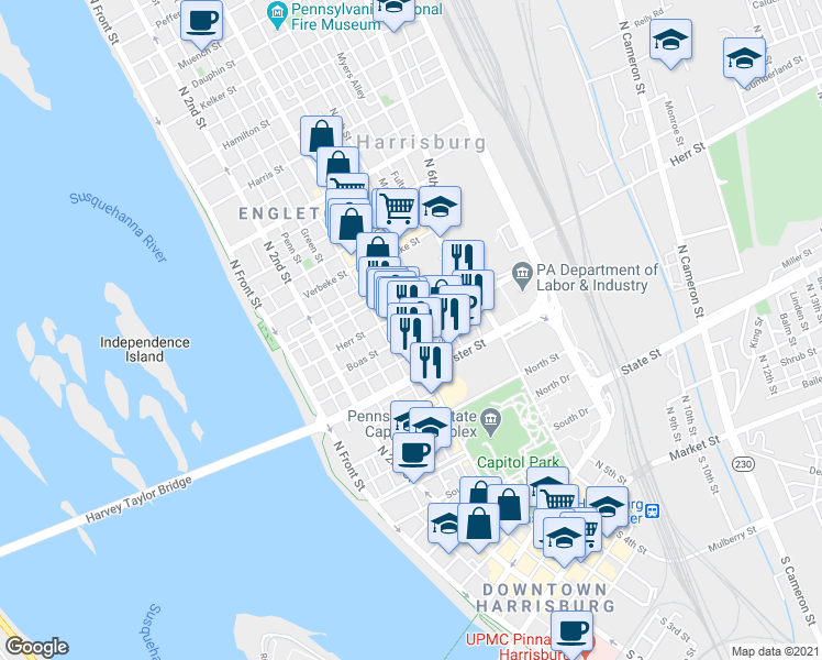 map of restaurants, bars, coffee shops, grocery stores, and more near 937 North 3rd Street in Harrisburg