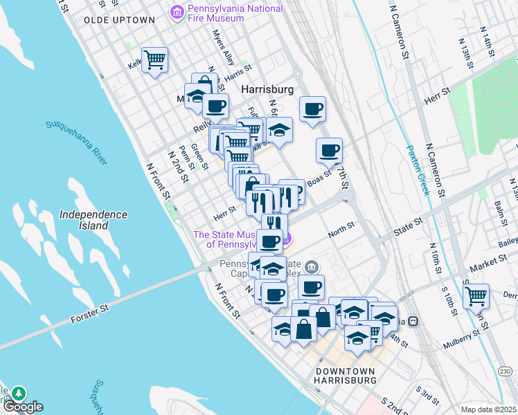 map of restaurants, bars, coffee shops, grocery stores, and more near in Harrisburg