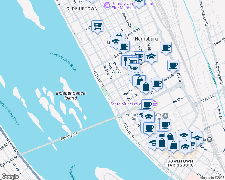 map of restaurants, bars, coffee shops, grocery stores, and more near 116 Cumberland Street in Harrisburg