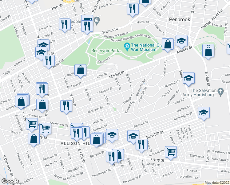 map of restaurants, bars, coffee shops, grocery stores, and more near 2038 Bellevue Rd in Harrisburg