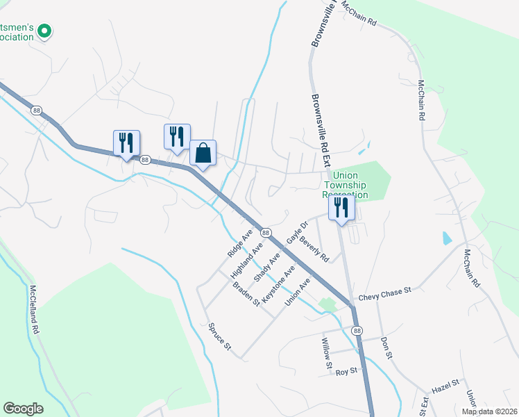 map of restaurants, bars, coffee shops, grocery stores, and more near 35 Circle Drive in Finleyville