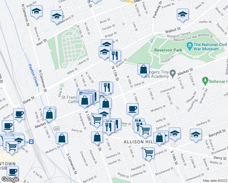 map of restaurants, bars, coffee shops, grocery stores, and more near 1613 Park Street in Harrisburg