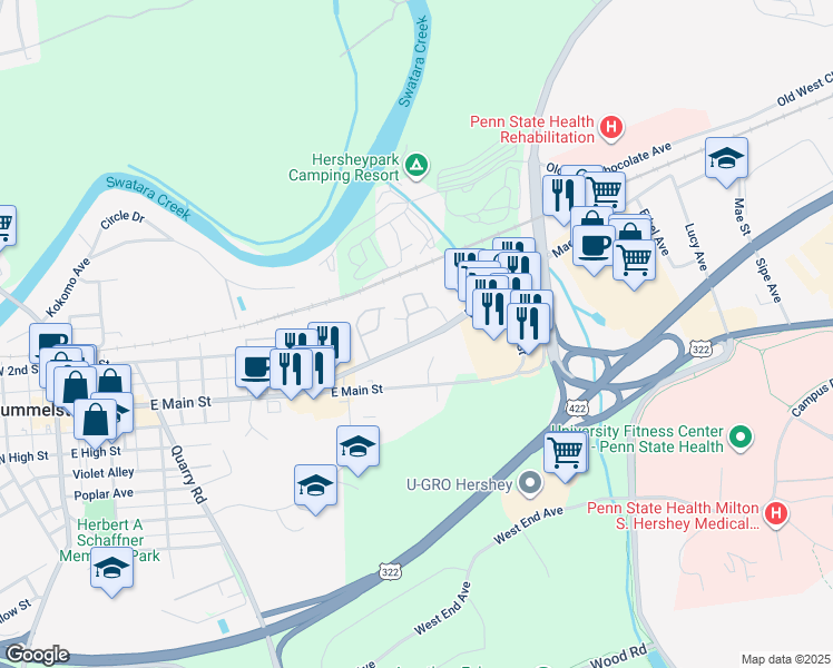 map of restaurants, bars, coffee shops, grocery stores, and more near 542 Walton Avenue in Hummelstown