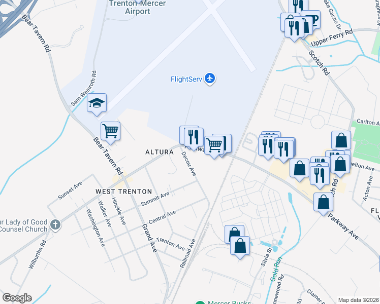 map of restaurants, bars, coffee shops, grocery stores, and more near 1565 Parkway Avenue in Ewing Township