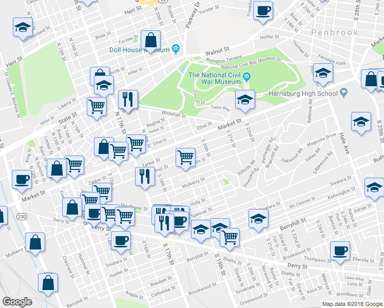 map of restaurants, bars, coffee shops, grocery stores, and more near 1924 Chestnut Street in Harrisburg