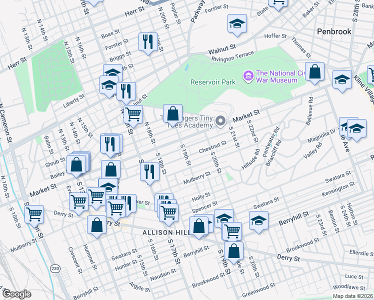 map of restaurants, bars, coffee shops, grocery stores, and more near in Harrisburg