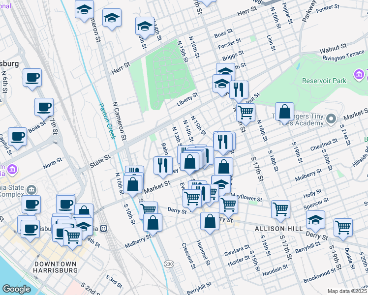 map of restaurants, bars, coffee shops, grocery stores, and more near 57 North 13th Street in Harrisburg