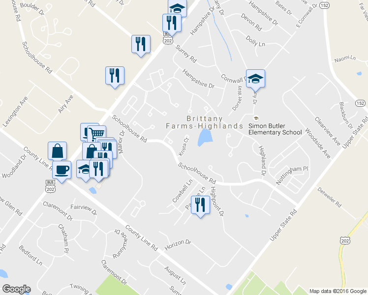 map of restaurants, bars, coffee shops, grocery stores, and more near Krista Court in Chalfont