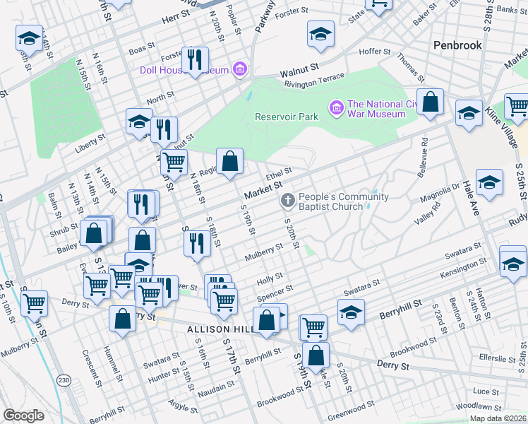 map of restaurants, bars, coffee shops, grocery stores, and more near 1920 Chestnut Street in Harrisburg