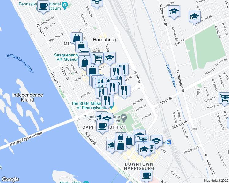 map of restaurants, bars, coffee shops, grocery stores, and more near 921 Grand Street in Harrisburg