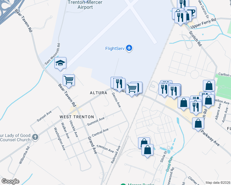 map of restaurants, bars, coffee shops, grocery stores, and more near 1565 Parkway Avenue in Ewing Township