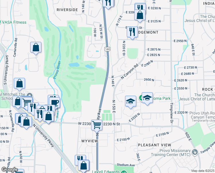 map of restaurants, bars, coffee shops, grocery stores, and more near 2595 North University Avenue in Provo