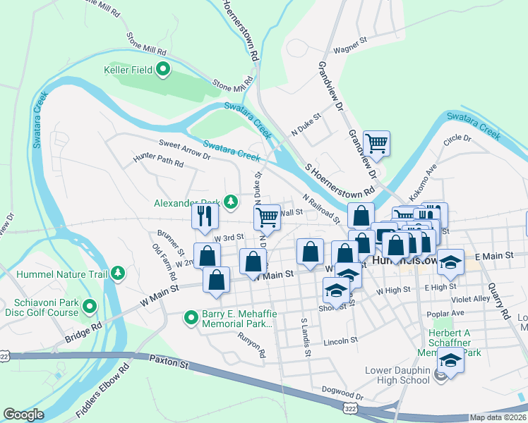 map of restaurants, bars, coffee shops, grocery stores, and more near 201 North Duke Street in Hummelstown