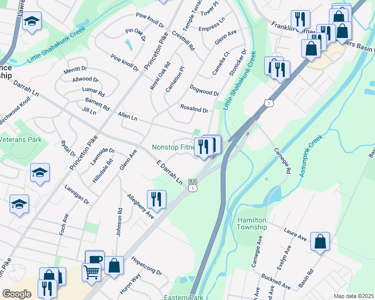 map of restaurants, bars, coffee shops, grocery stores, and more near 1221 Colts Circle in Lawrence Township
