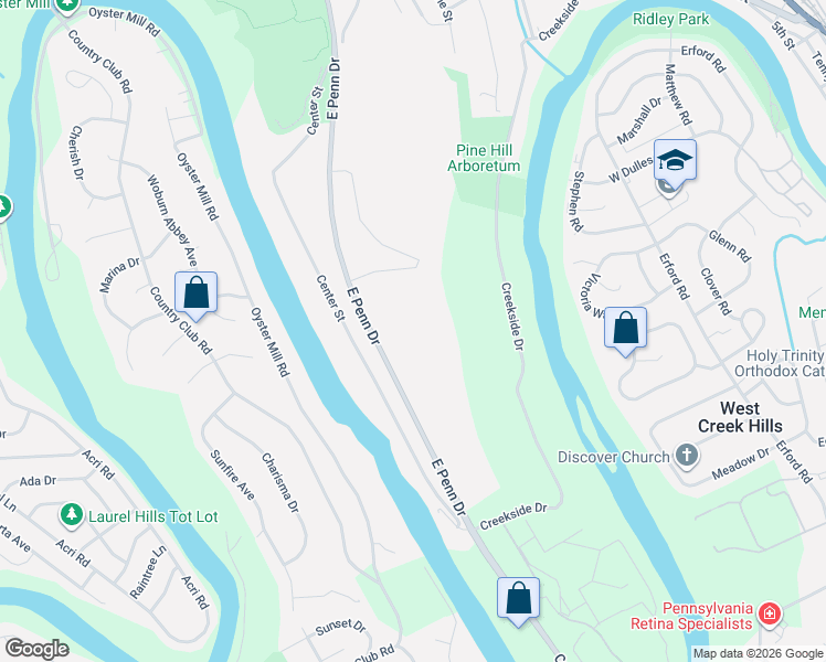 map of restaurants, bars, coffee shops, grocery stores, and more near East Penn Drive in Enola