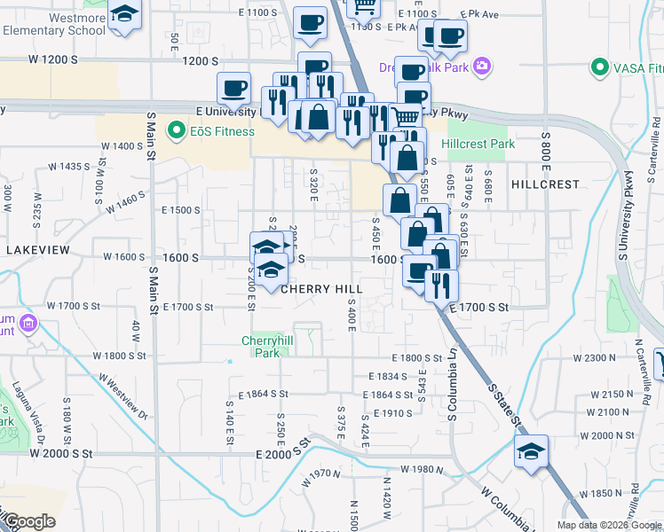 map of restaurants, bars, coffee shops, grocery stores, and more near 364 1600 south in Orem