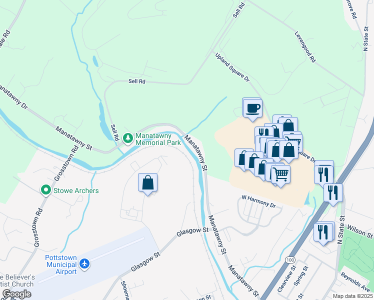 map of restaurants, bars, coffee shops, grocery stores, and more near 59 Manatawny Street in Pottstown