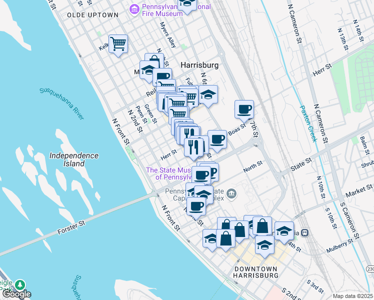 map of restaurants, bars, coffee shops, grocery stores, and more near 1006 North 3rd Street in Harrisburg