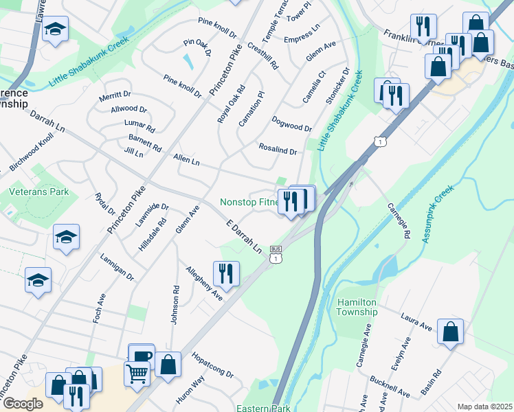 map of restaurants, bars, coffee shops, grocery stores, and more near 1424 Colts Circle in Lawrence Township