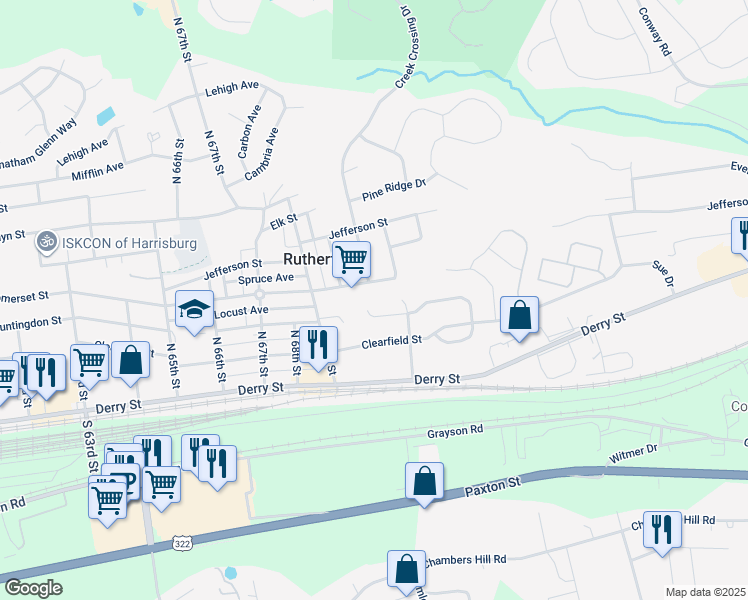 map of restaurants, bars, coffee shops, grocery stores, and more near 7090 Huntingdon Street in Harrisburg