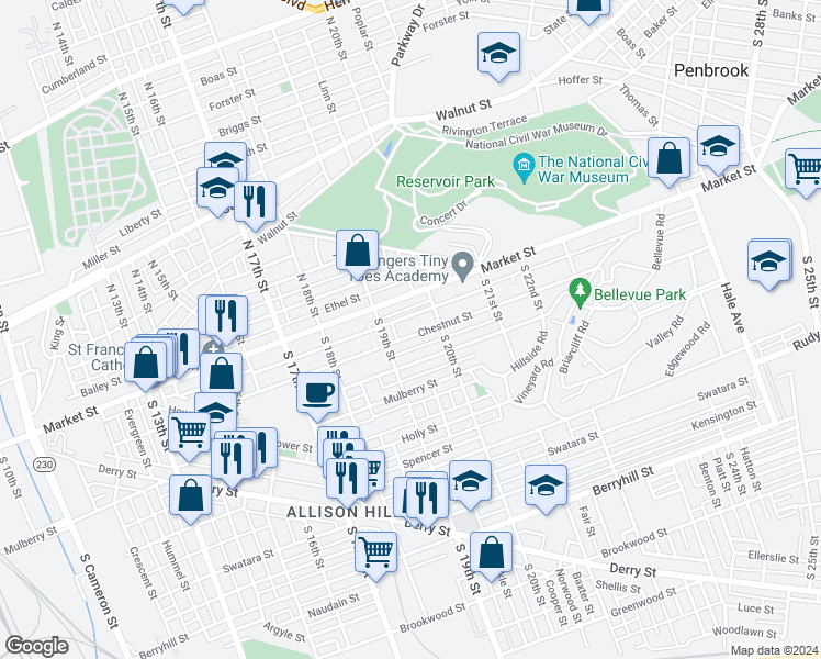 map of restaurants, bars, coffee shops, grocery stores, and more near 1928 Chestnut Street in Harrisburg