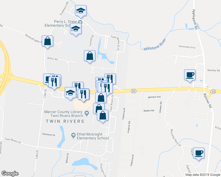 map of restaurants, bars, coffee shops, grocery stores, and more near 685 Avon Drive in East Windsor