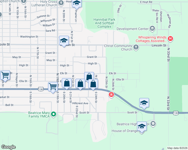 map of restaurants, bars, coffee shops, grocery stores, and more near 2315 Elk Street in Beatrice