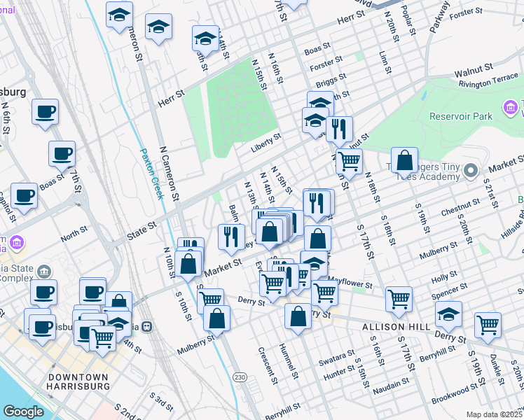 map of restaurants, bars, coffee shops, grocery stores, and more near 57 North 13th Street in Harrisburg
