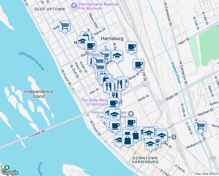 map of restaurants, bars, coffee shops, grocery stores, and more near 1001 North 3rd Street in Harrisburg