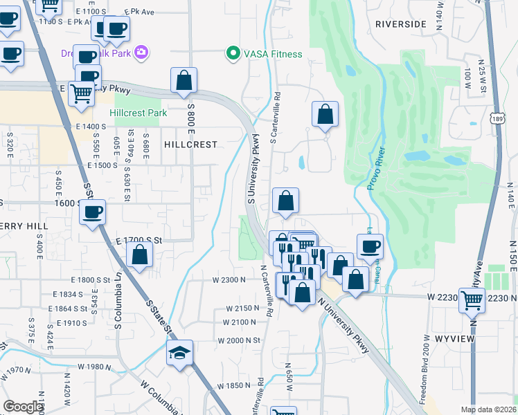map of restaurants, bars, coffee shops, grocery stores, and more near 1620 Carterville Road in Orem