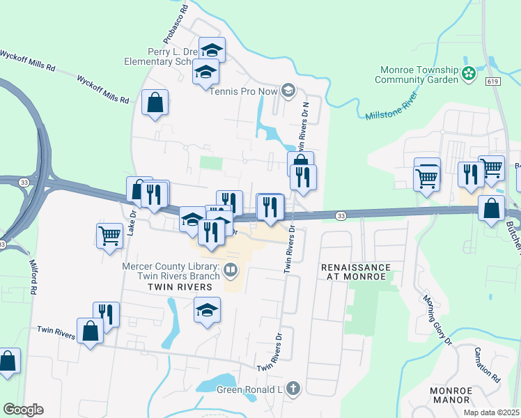 map of restaurants, bars, coffee shops, grocery stores, and more near 24 Avon Drive in East Windsor