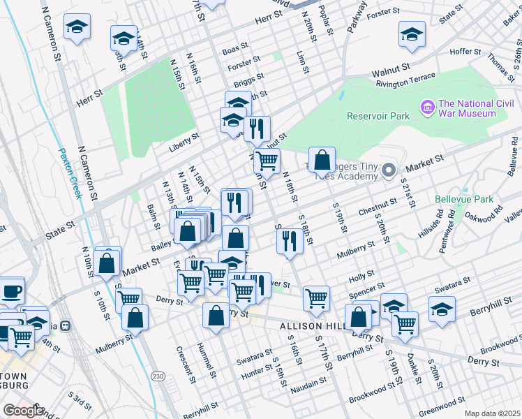 map of restaurants, bars, coffee shops, grocery stores, and more near 1627 Park Street in Harrisburg