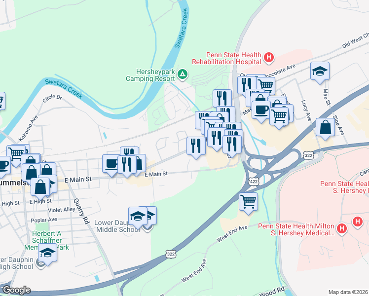 map of restaurants, bars, coffee shops, grocery stores, and more near 548 Walton Avenue in Hummelstown