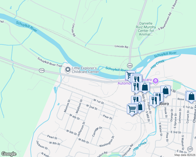 map of restaurants, bars, coffee shops, grocery stores, and more near 262 Schuylkill Road in Birdsboro