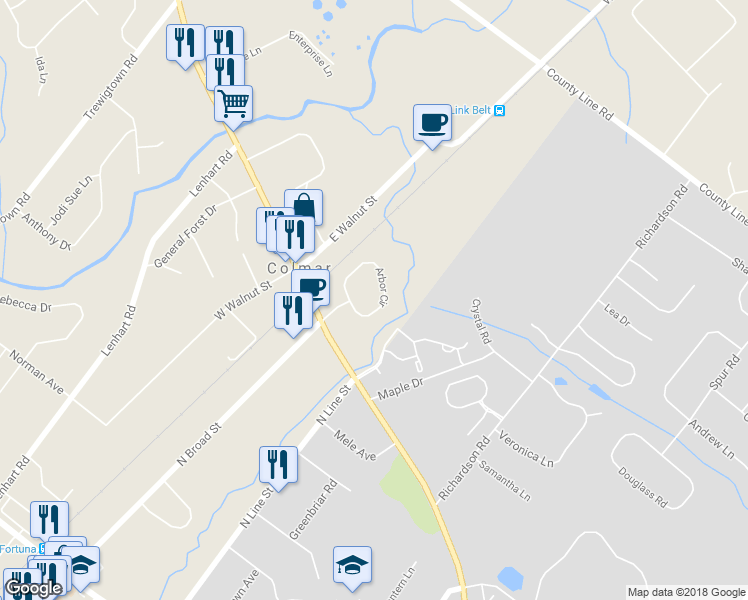 map of restaurants, bars, coffee shops, grocery stores, and more near 22 Arbor Circle in Colmar