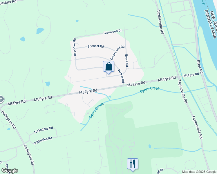 map of restaurants, bars, coffee shops, grocery stores, and more near 1015 Mount Eyre Road in Washington Crossing