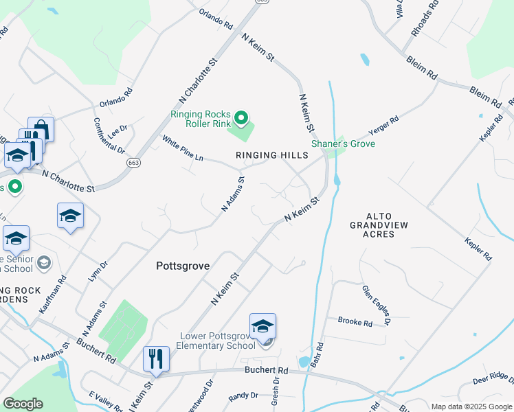 map of restaurants, bars, coffee shops, grocery stores, and more near 1685 North Keim Street in Pottstown