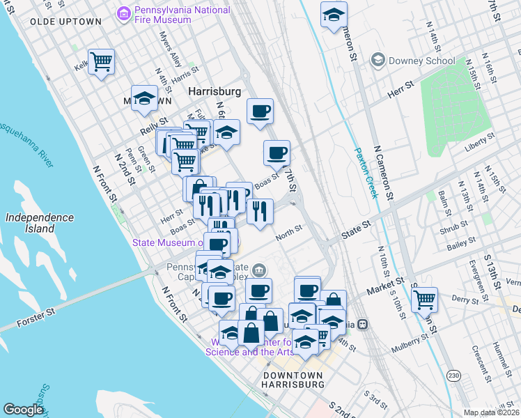 map of restaurants, bars, coffee shops, grocery stores, and more near 636 Forster Street in Harrisburg