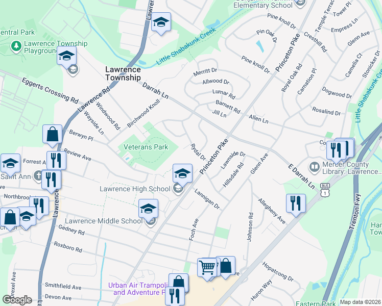map of restaurants, bars, coffee shops, grocery stores, and more near 5 Rydal Drive in Lawrence Township