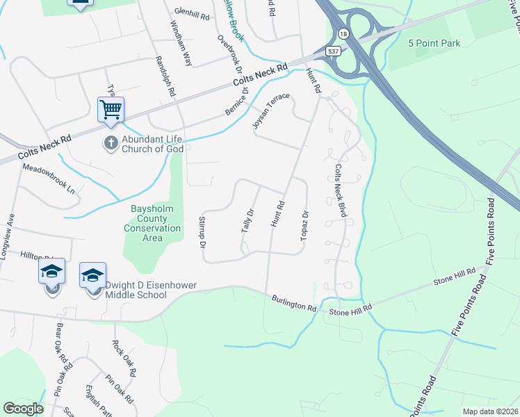 map of restaurants, bars, coffee shops, grocery stores, and more near 92 Tally Drive in Freehold