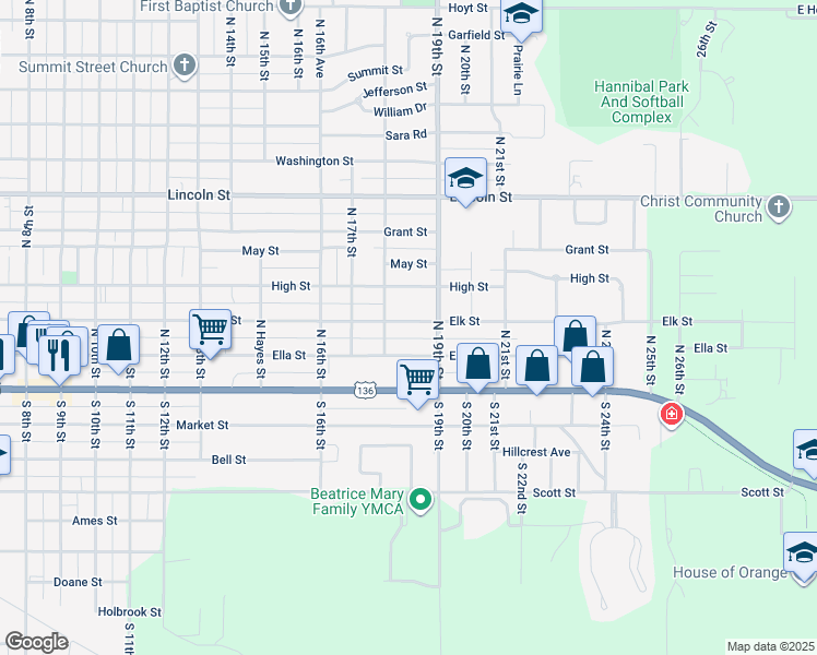 map of restaurants, bars, coffee shops, grocery stores, and more near 1813 Elk Street in Beatrice